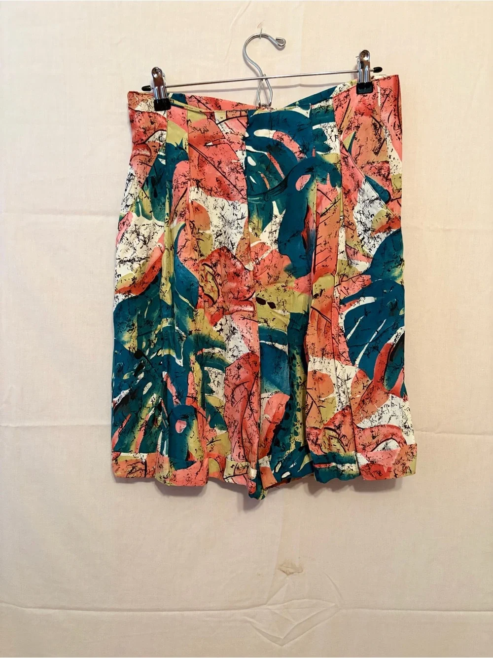 Tropical Print High-Waist Shorts - Coral, Teal, Yellow